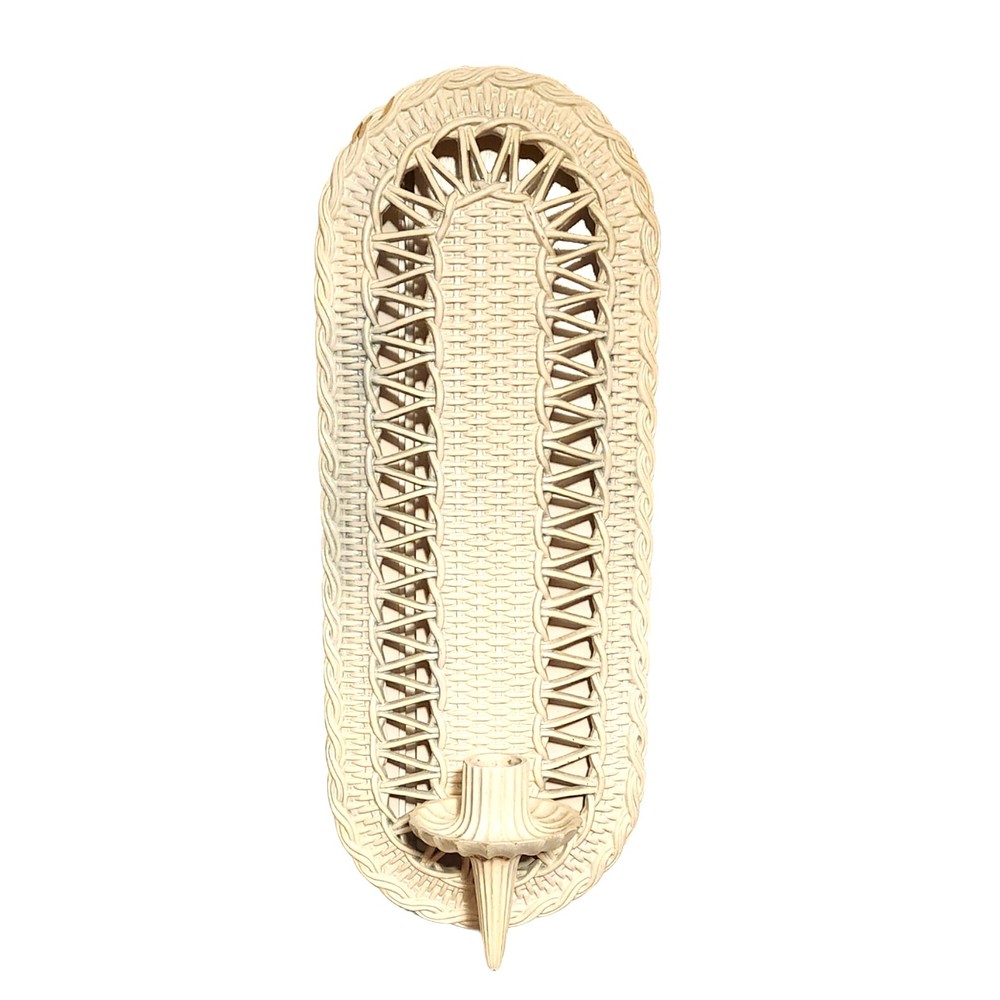 Vintage 1972 Burwood Products Faux Wicker White Plastic Candle Sconce